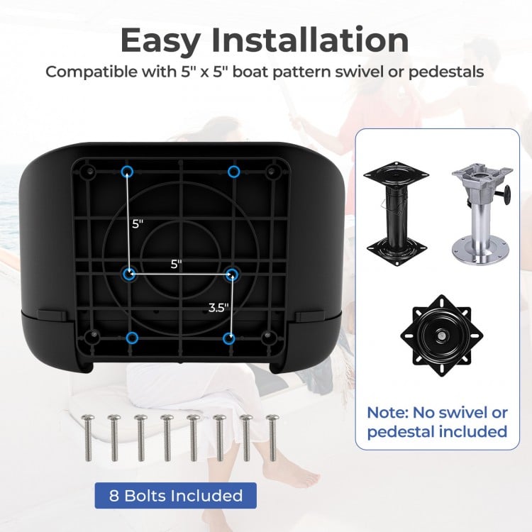Folding high back boat chair base with fixing bolts, compatible with 5" x 5" swivel or pedestals for easy installation.