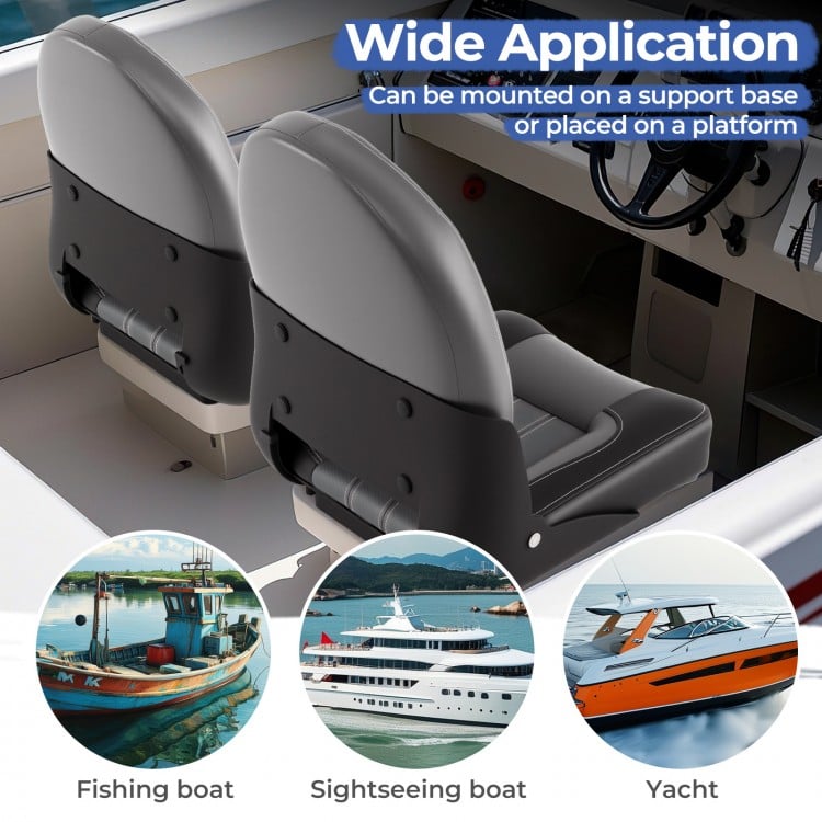 Folding high back boat chairs in black with sponge padding, ideal for fishing, sightseeing, or yacht use.