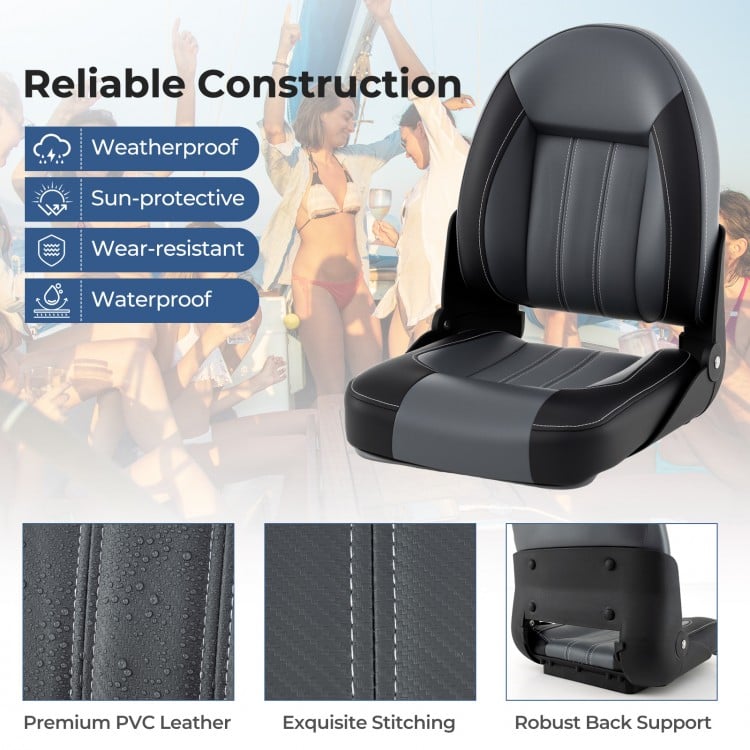 Folding high back boat chair in black with PVC leather, sponge padding, and robust back support for comfortable seating.