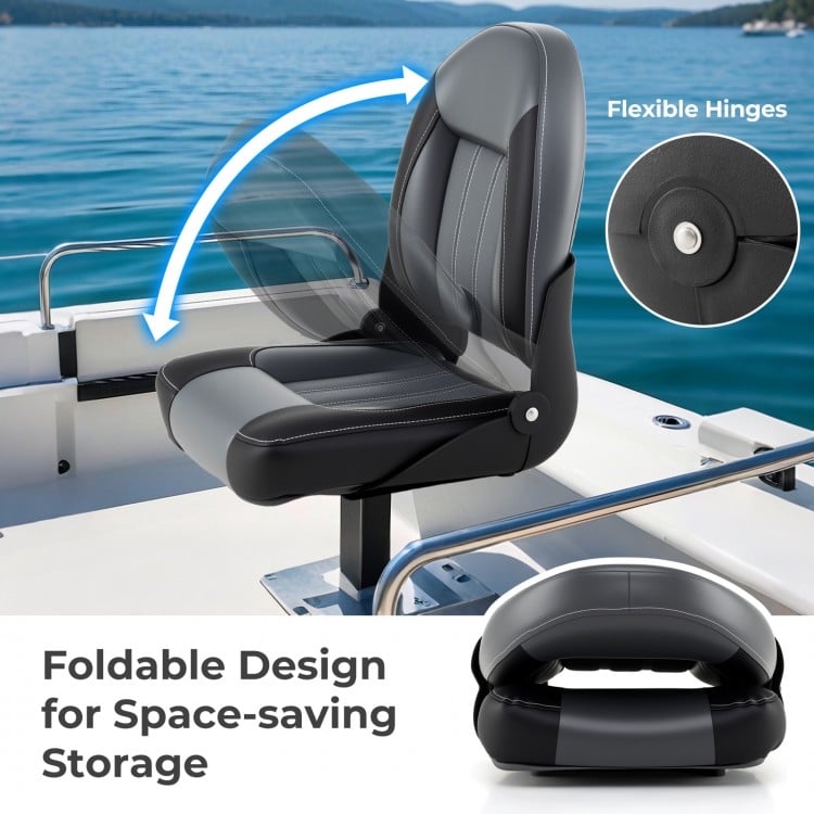 Folding high back boat chair in black with sponge padding, featuring flexible hinges for space-saving storage.