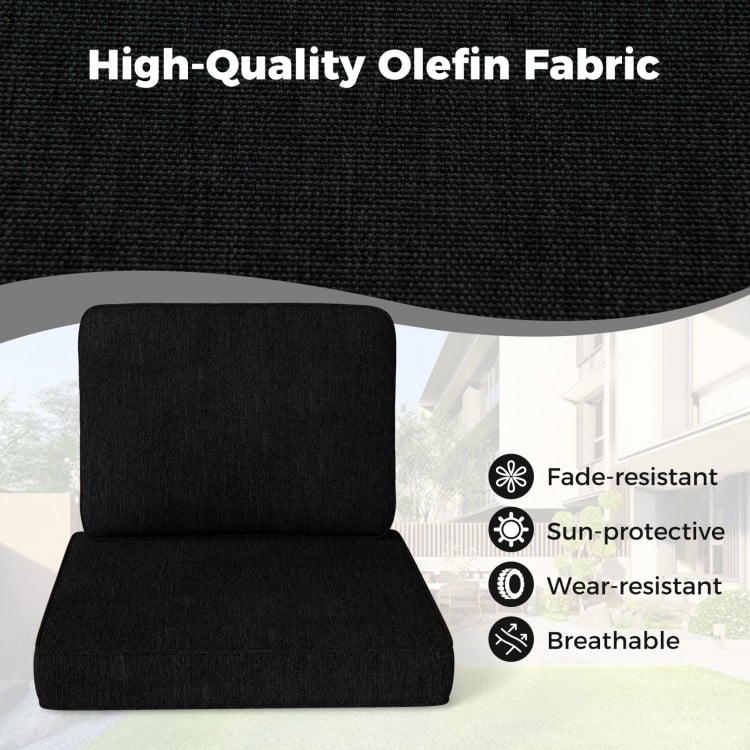 Black outdoor patio cushion set featuring breathable olefin fabric, fade-resistant, and sun-protective for outdoor.