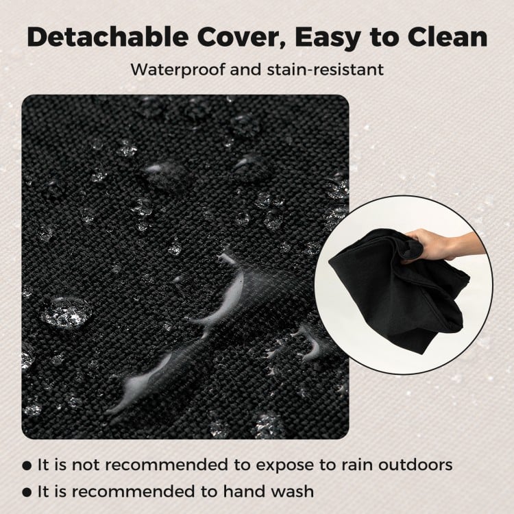 Close-up of the black outdoor patio cushion set, featuring removable covers, waterproof fabric, and easy cleaning.