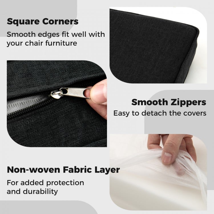 Close-up of the black outdoor patio cushion set showing smooth zippers and square corners for a perfect fit.
