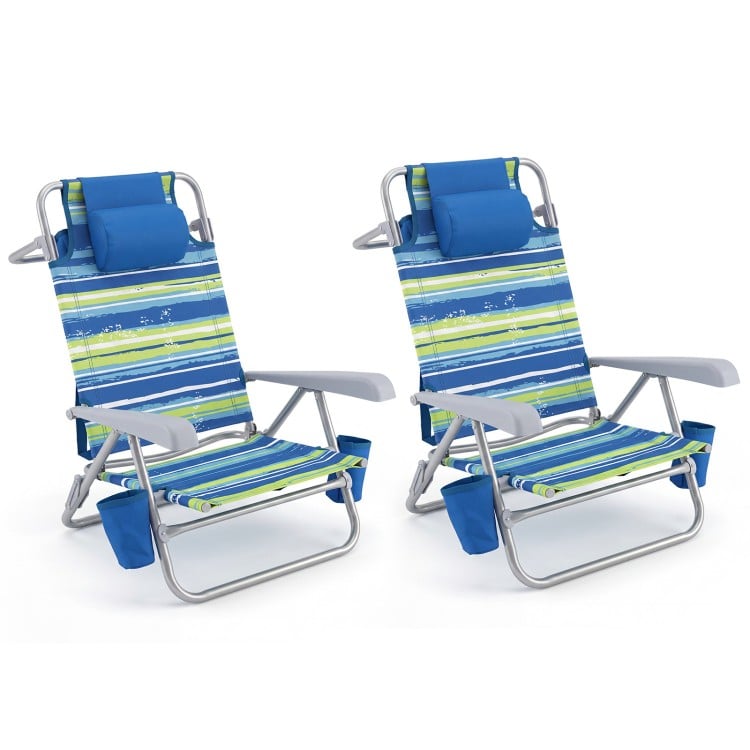 Two Goplus beach chairs in blue with 7-position backrests, cup holders, and cooler bags for outdoor relaxation.