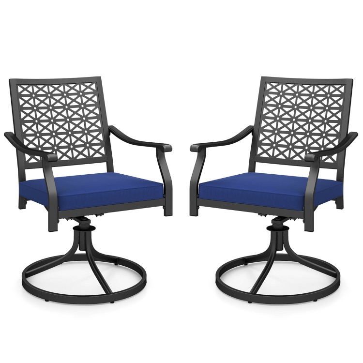 Set of two swivel outdoor chairs with navy cushions, steel base, and ergonomic design for comfort and stability.