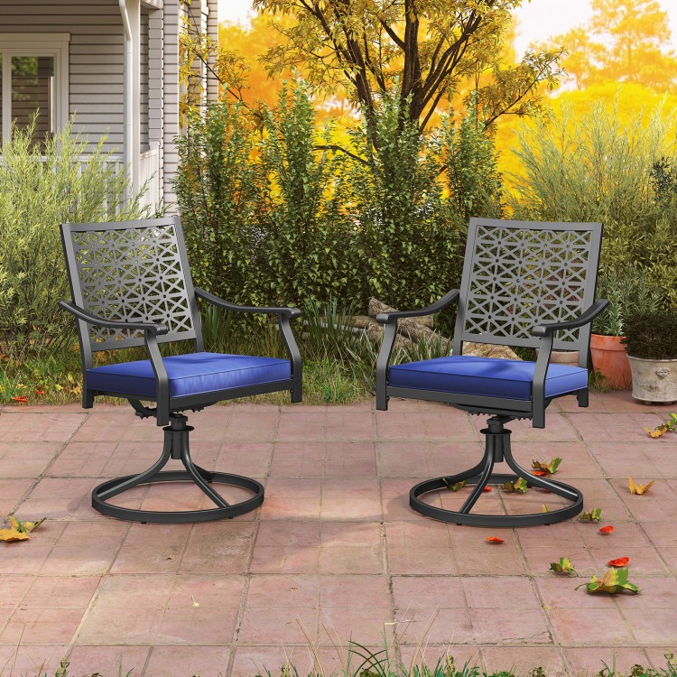 Two swivel outdoor chairs with navy cushions and steel base, perfect for backyard relaxation and comfort.