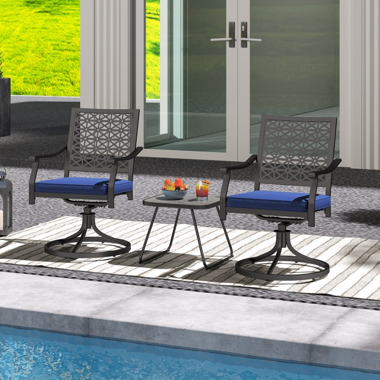 Two navy swivel outdoor chairs with soft cushions and a round steel base, perfect for poolside relaxation.