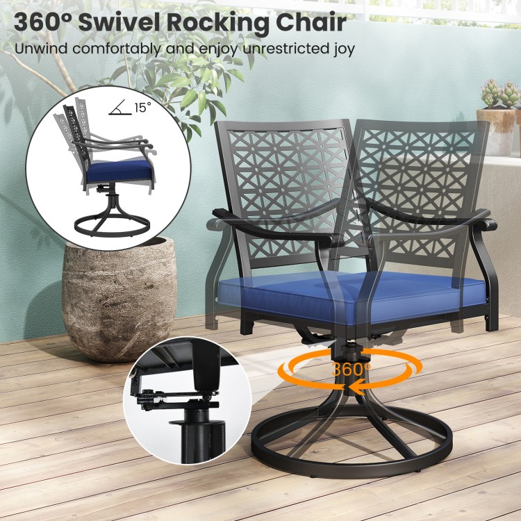 Navy 360° swivel rocking chair with soft cushion and round steel base, perfect for balcony or poolside relaxation.
