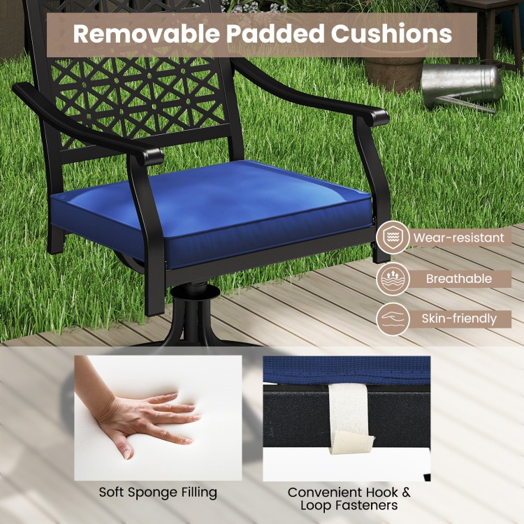 Swivel outdoor chair with removable navy cushion, featuring a round steel base and breathable design for backyard.