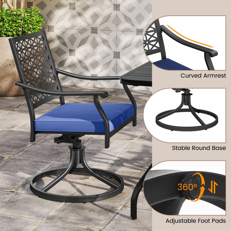Swivel outdoor chair with navy cushion, curved armrests, and round steel base, perfect for backyard relaxation.