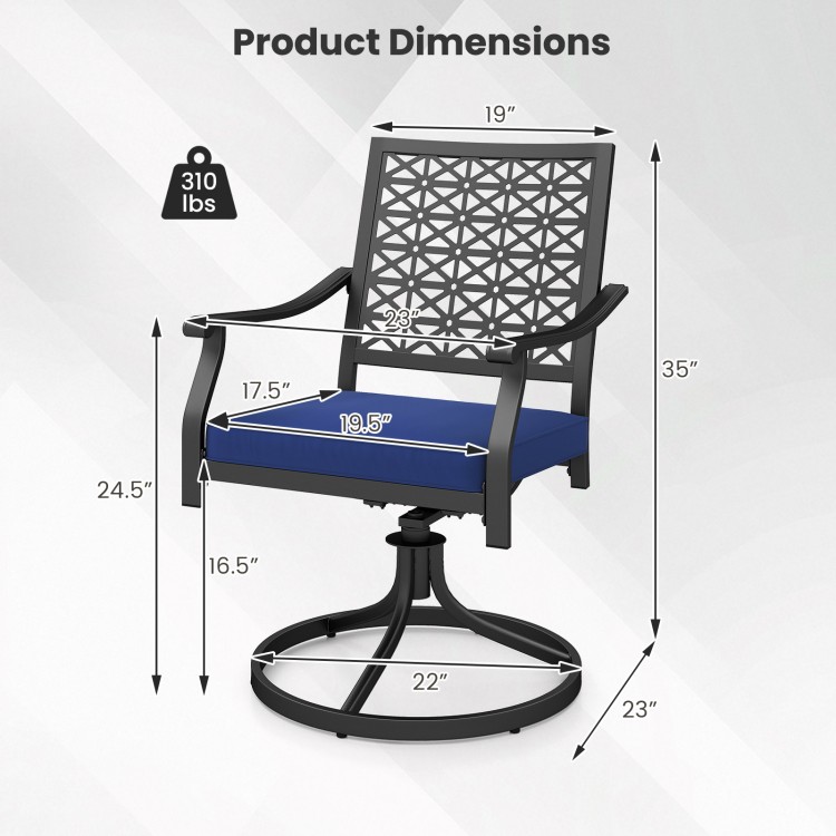 Swivel outdoor chair dimensions with navy cushion, steel base, and ergonomic design for backyard relaxation.