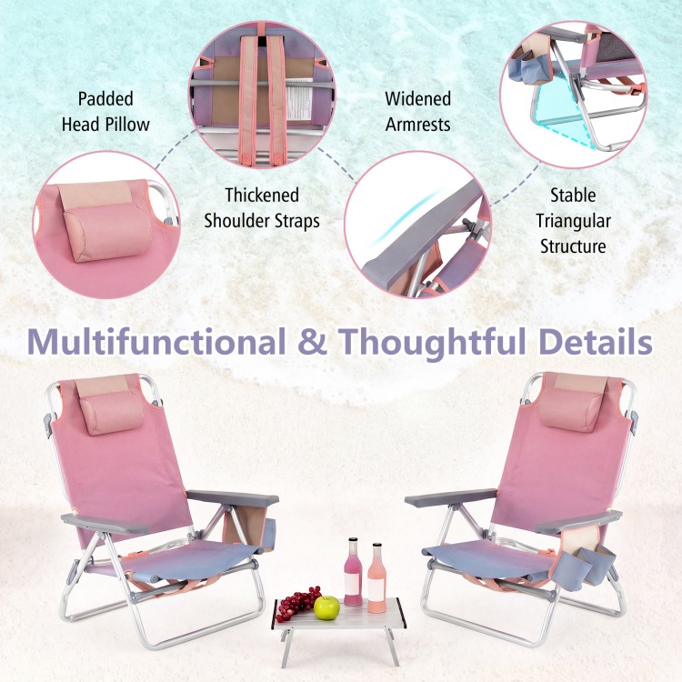 Two pink outdoor folding reclining chairs with padded headrests, adjustable positions, and a side table for convenience.