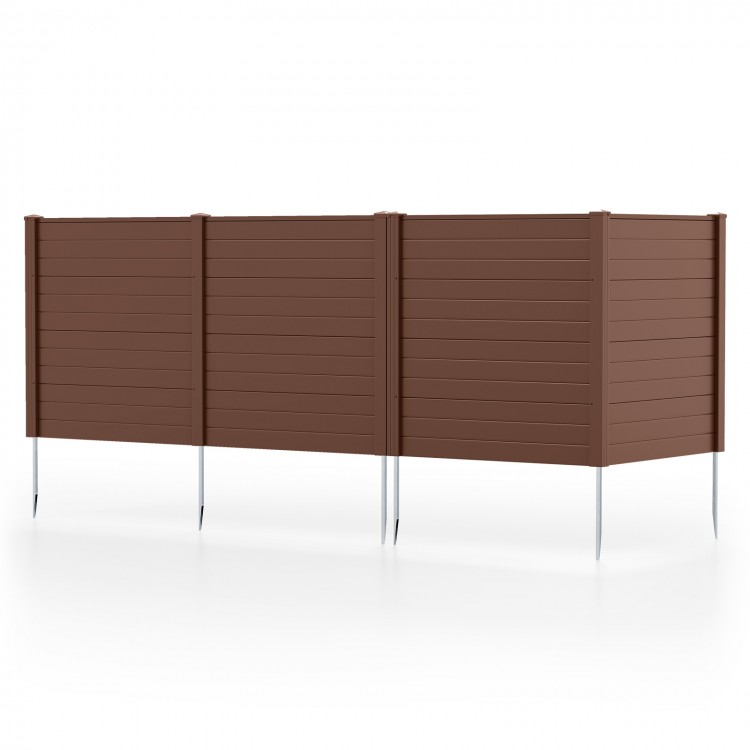 Brown 2-panel enclosure for air conditioners or trash cans, featuring sturdy stakes and modern design for backyard.