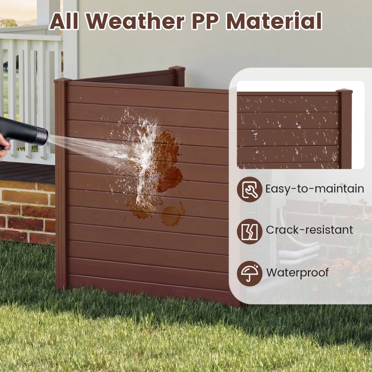 Brown 48 x 48 inch air conditioner and trash can enclosure made of all-weather PP material for backyard privacy.