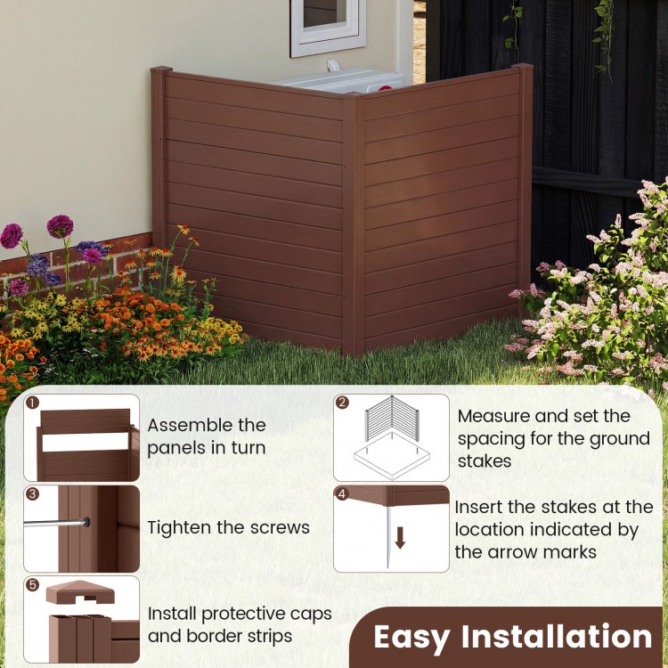 Brown 2-panel air conditioner and trash can enclosure, 48 x 48 inches, designed for easy installation and backyard.