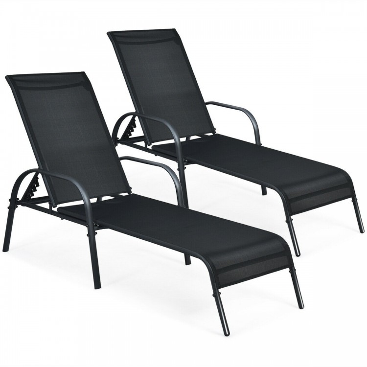 Two adjustable outdoor patio lounge chairs with breathable fabric and sturdy powder-coated steel frames for comfort and.