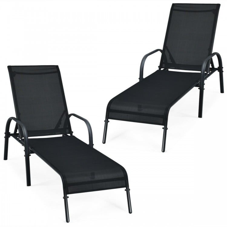Two adjustable outdoor patio lounge chairs with breathable fabric and sturdy powder-coated steel frames, ideal for.