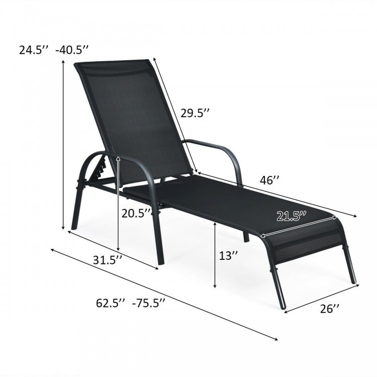 Adjustable outdoor patio lounge chair with breathable fabric, powder-coated steel frame, ideal for poolside relaxation.