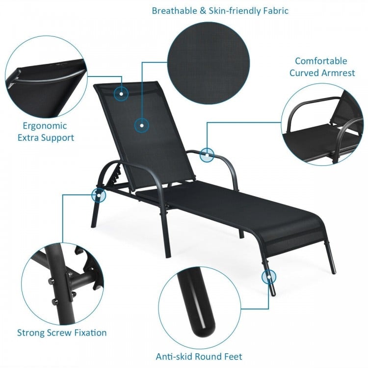 Outdoor patio lounge chair with adjustable reclining armrest, breathable fabric, and sturdy powder-coated steel frame.