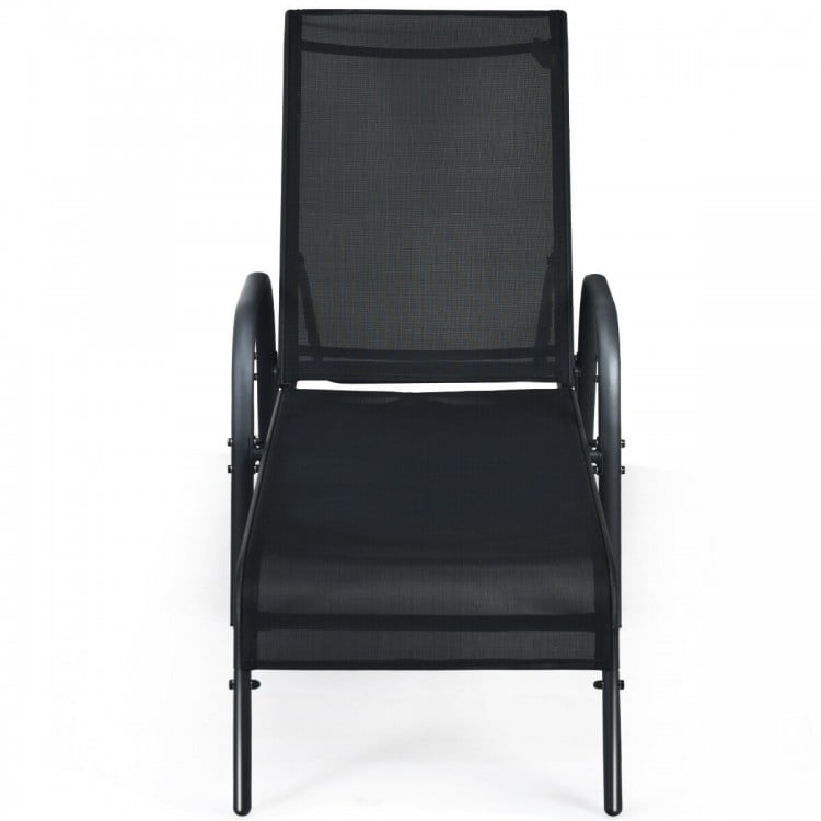 Black outdoor patio lounge chair with adjustable reclining armrest and breathable fabric, perfect for poolside.