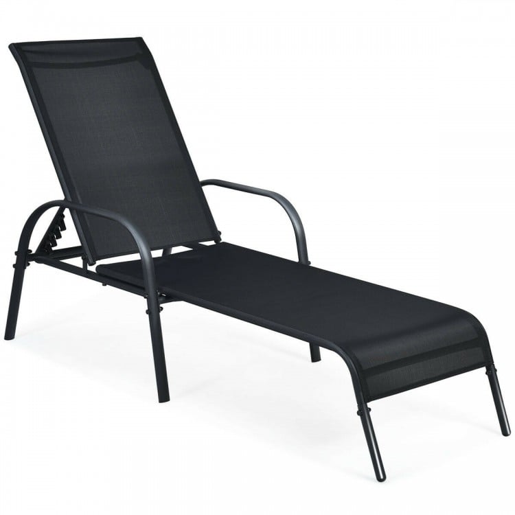Black outdoor patio lounge chair with adjustable reclining armrest, made of breathable fabric and sturdy steel frame.
