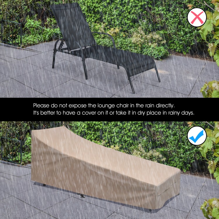 Adjustable outdoor patio lounge chair with sun-proof fabric, shown covered for protection during rain. Ideal for.