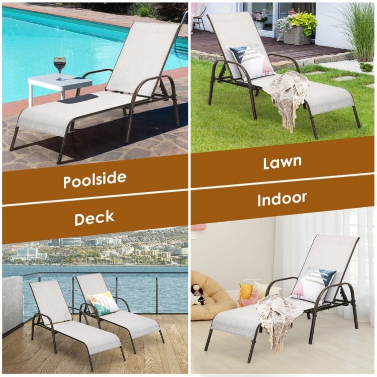 Adjustable gray outdoor patio lounge chairs with sturdy steel frame, ideal for poolside, lawn, or indoor relaxation.