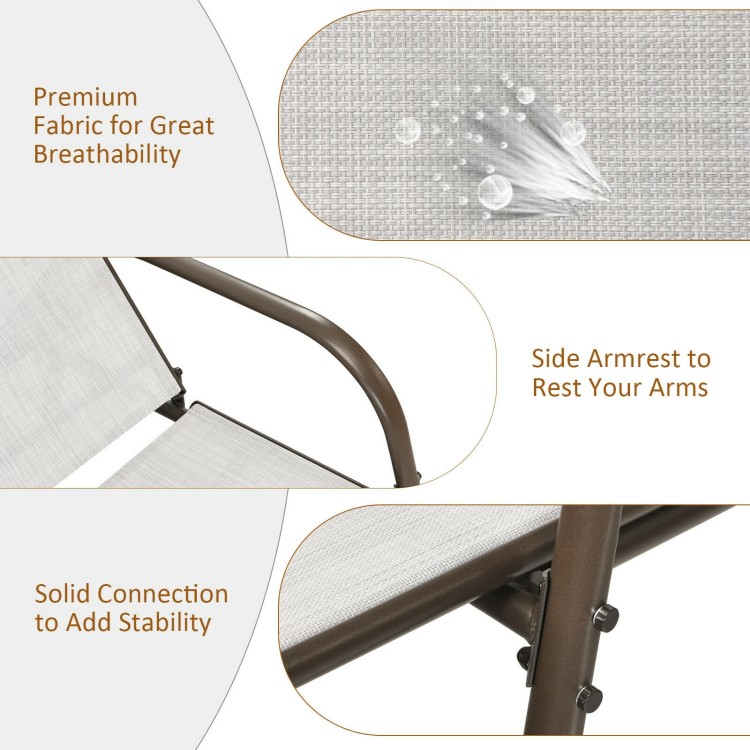 Close-up of the gray outdoor lounge chair fabric, showcasing its breathable material and sturdy armrest design for.