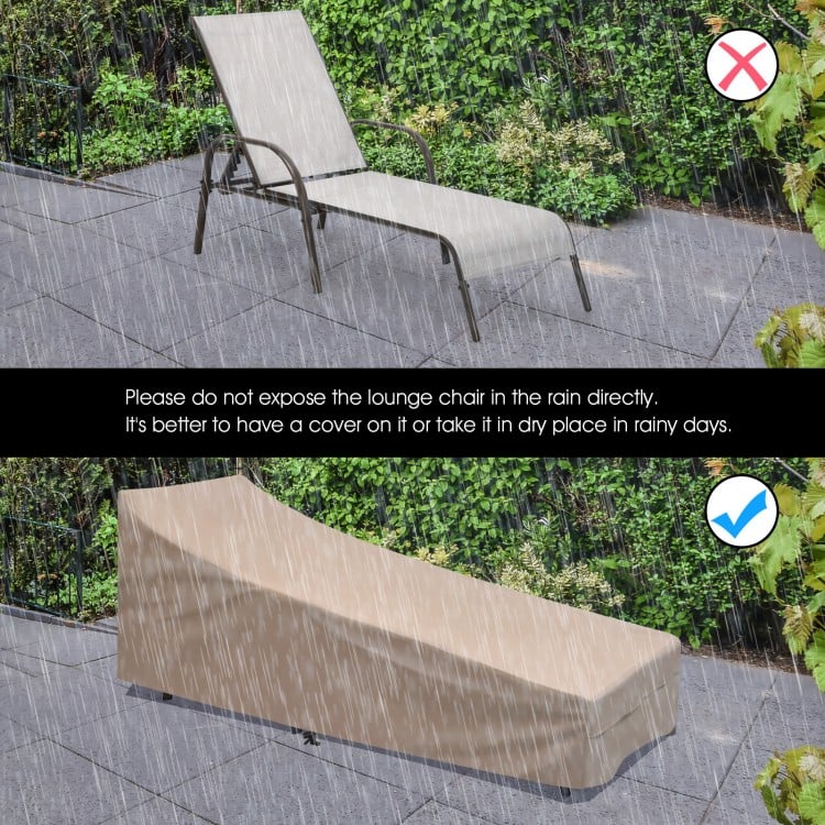 Gray outdoor patio lounge chair with adjustable reclining armrest, covered for protection against rain, ideal for.