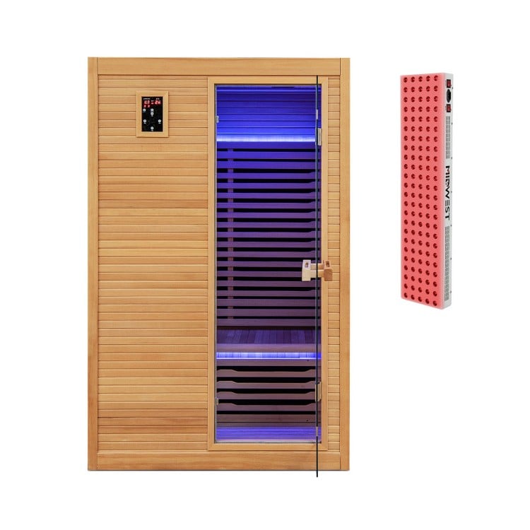 Far infrared wooden sauna room for 2 with free red light therapy panel, featuring a tempered glass door and dual.