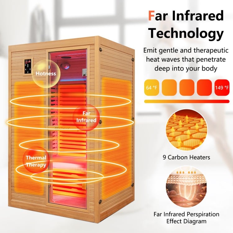 Far Infrared Wooden Sauna Room for 2 with Red Light Therapy, featuring carbon heaters and a premium Canadian hemlock.