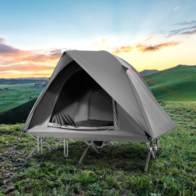 Elevated grey 2-person camping cot tent combo with waterproof rainfly, ideal for outdoor adventures and stargazing.