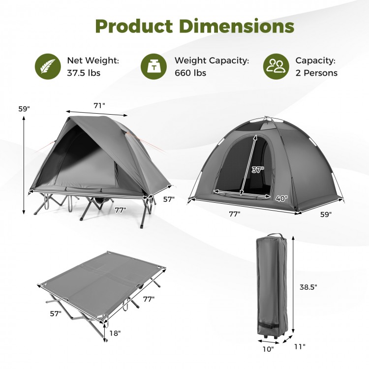 2-person camping cot tent combo in grey, featuring waterproof design and elevated structure for outdoor use.