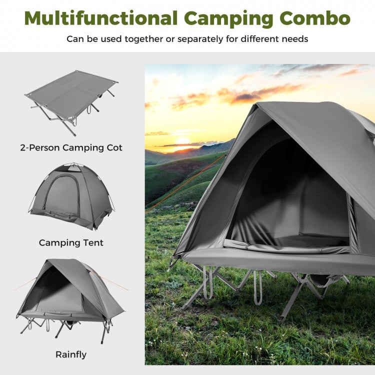 2-person camping cot tent combo in grey, featuring waterproof rainfly and elevated design for outdoor comfort.
