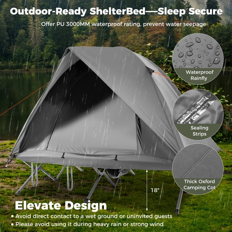 2-person camping cot tent in grey with waterproof rainfly, elevated design, and dual mesh doors for airflow and.
