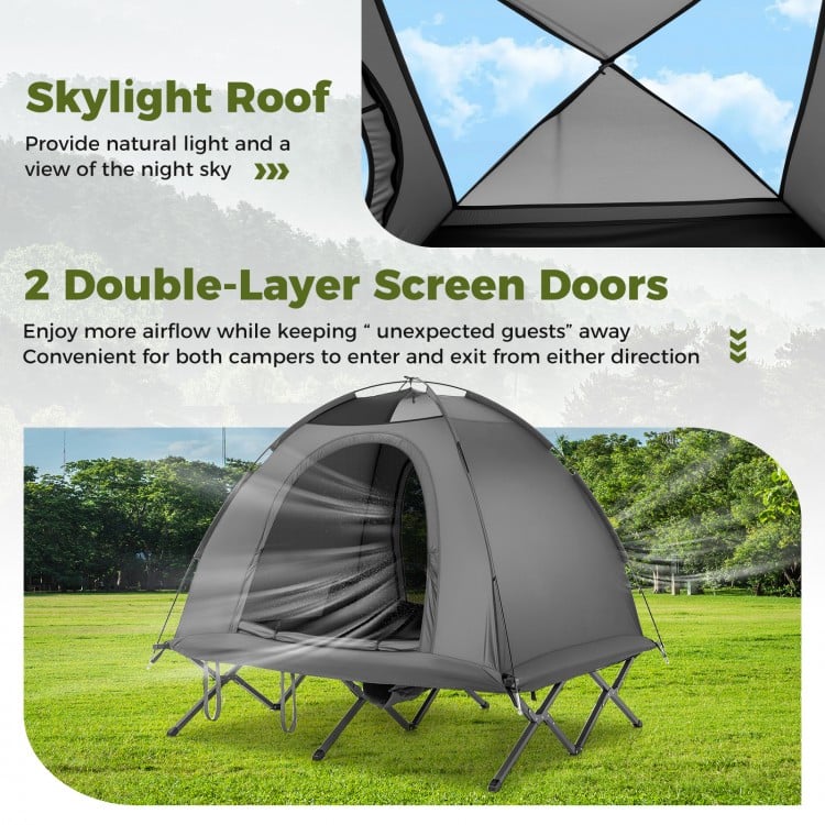 2-person camping cot tent in grey with skylight roof and double-layer mesh doors, perfect for outdoor camping.
