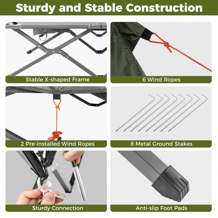 Close-up of the sturdy connection and anti-slip foot pads of the grey 2-person camping cot tent for enhanced stability.