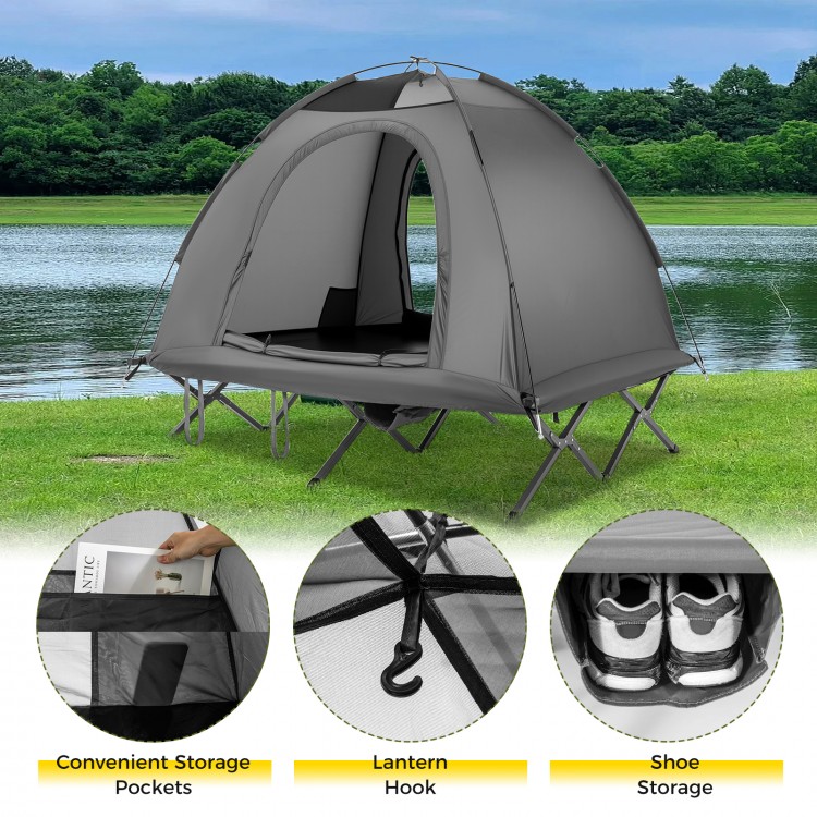 2-person grey camping cot tent with waterproof rainfly, elevated design, and storage pockets for organized camping.