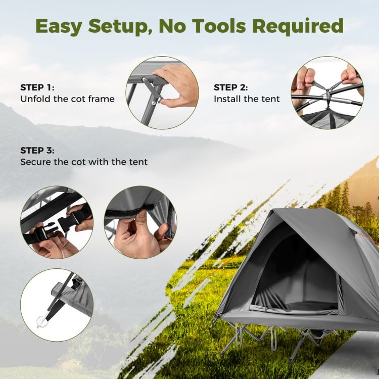 Foldable 2-person camping cot tent setup steps, featuring a grey waterproof design for outdoor use.
