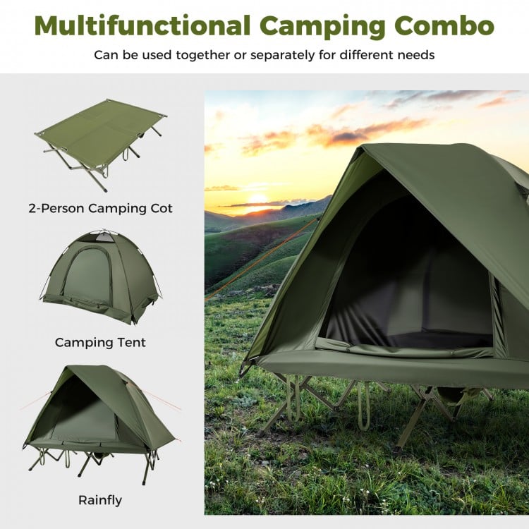 2-person camping cot tent combo in green, featuring waterproof rainfly and elevated design for outdoor comfort.