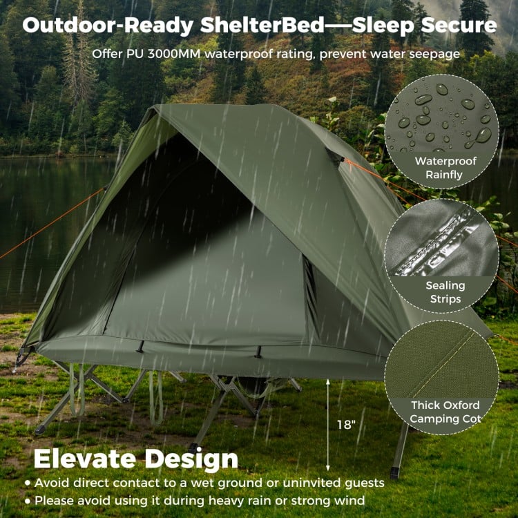 2-person camping cot tent combo in green with waterproof rainfly, elevated design, and dual-sided zippers for easy.