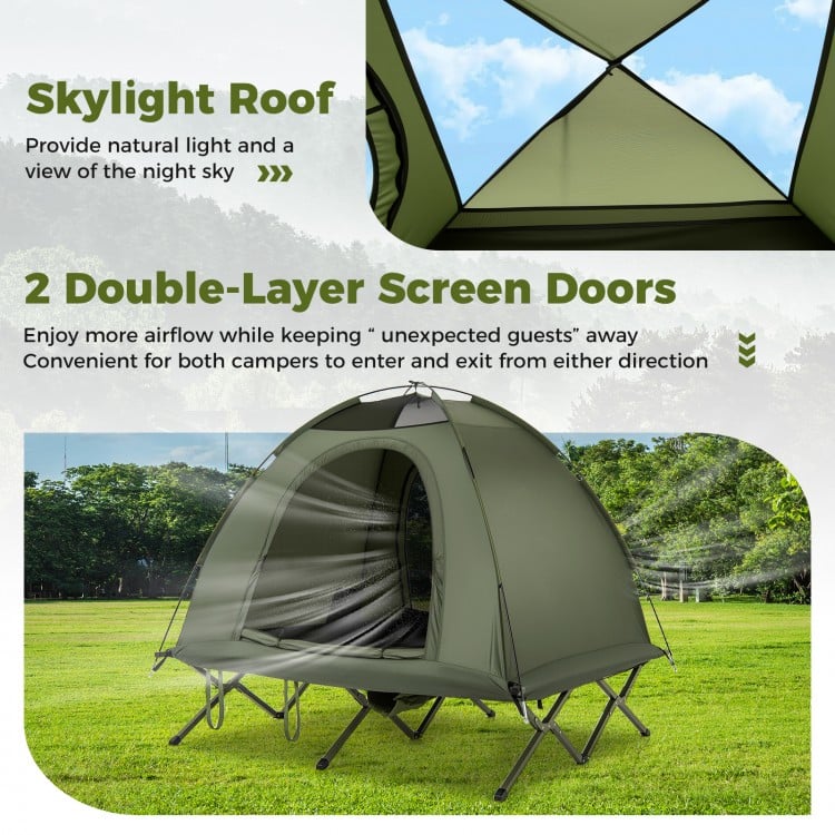 2-person camping cot tent in green with skylight roof and double-layer screen doors, ideal for outdoor adventures.