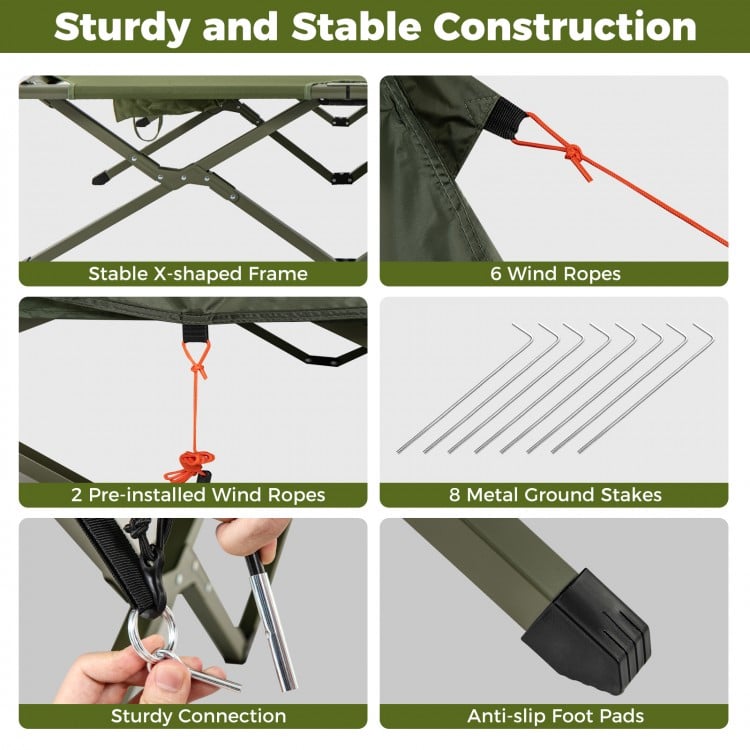 Detail of the 2-person camping cot tent's sturdy connection and anti-slip foot pads for enhanced stability outdoors.