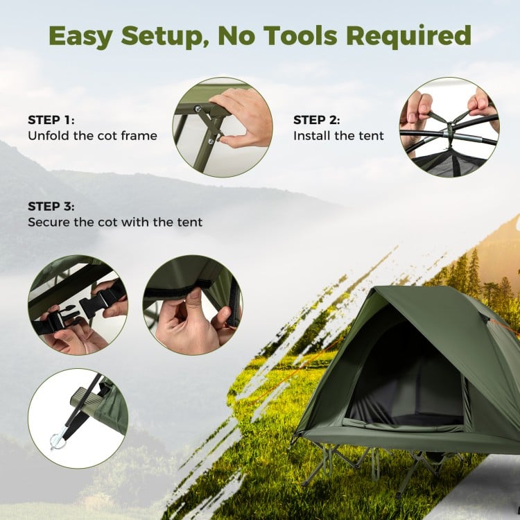 Foldable 2-person camping cot tent in green, showcasing easy setup steps for outdoor adventures.