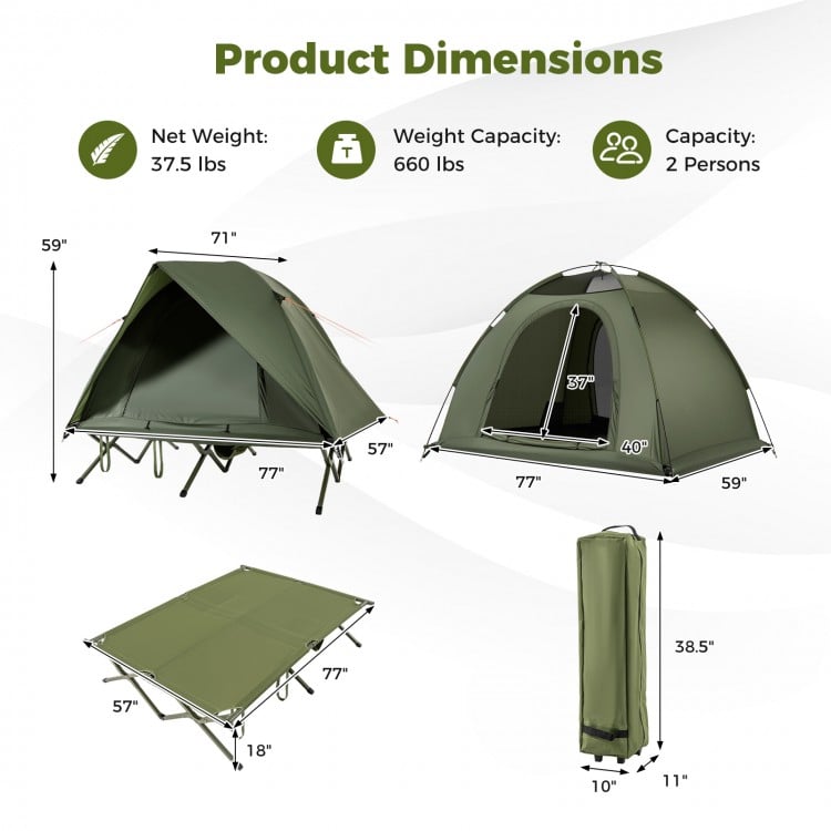 2-person camping cot tent combo in green, featuring waterproof design, dual mesh doors, and elevated cot for outdoor.