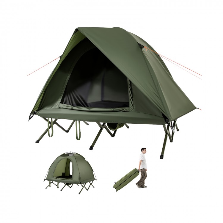 2-person camping cot tent in green, featuring waterproof rainfly, elevated design, and dual-layer mesh doors for.