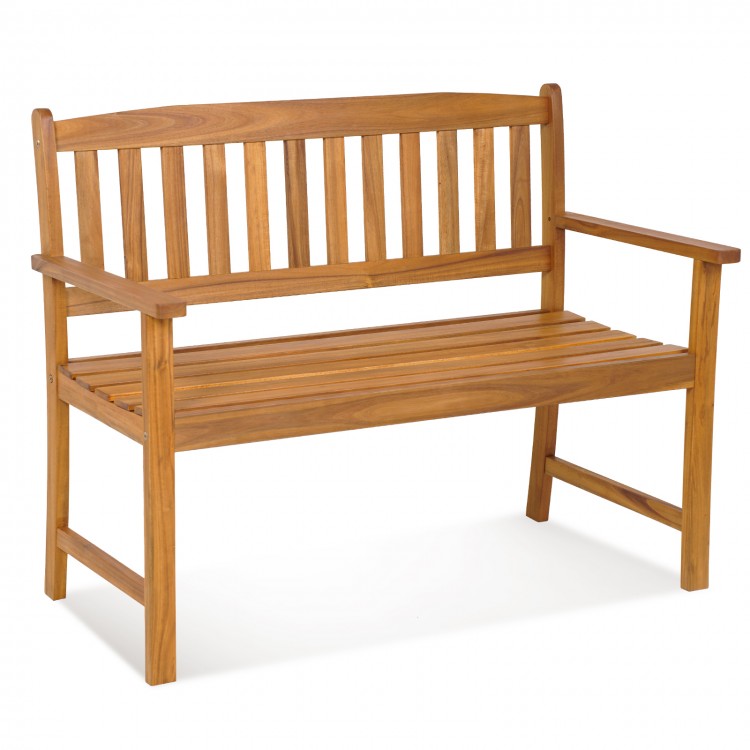 Acacia wood 2-person patio bench with backrest and armrests, featuring a slatted design for breathability and comfort.