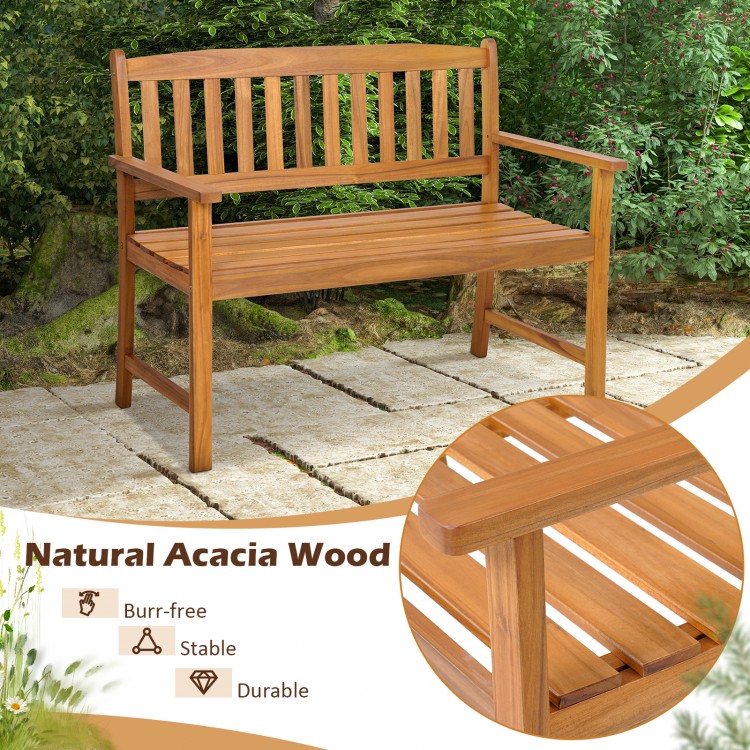 2-person patio bench made of natural acacia wood, featuring a slatted design and ergonomic armrests for outdoor comfort.