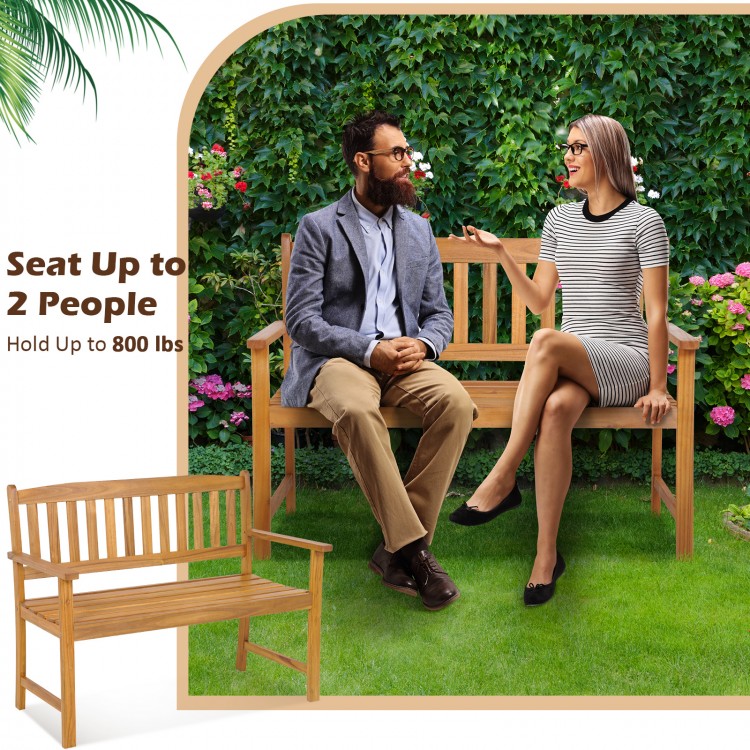 2-person patio acacia wood bench with backrest and armrests, holds up to 800 lbs, ideal for garden or backyard seating.