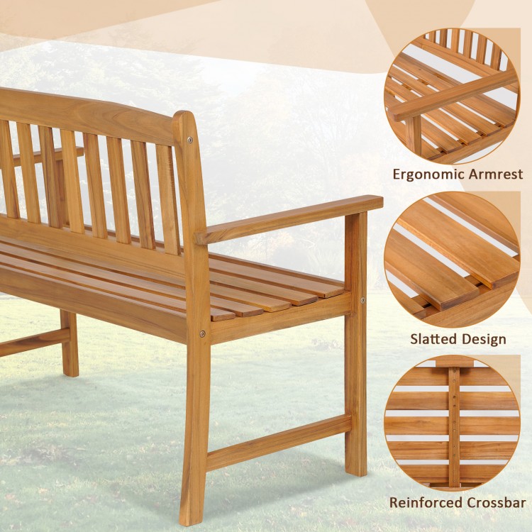 Acacia wood 2-person patio bench featuring ergonomic armrests, slatted design, and reinforced crossbar for stability.